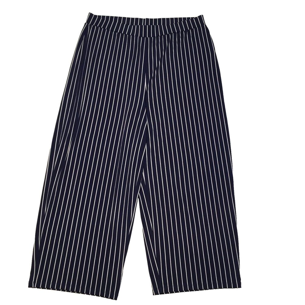 Wide Leg Pinstripe Flowy Dress Pants‎ Womens L Navy Blue White Coastal Nautical